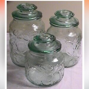 Indiana Glass 3 Canister Jar w Lid Madeira
Fruit Georgia Green.